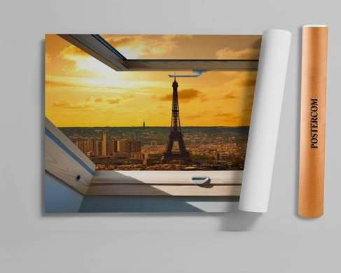 Stickere pentru pereți - Fereastra 3D cu vedere la Paris, Imitarea Ferestrei, 130 х 85