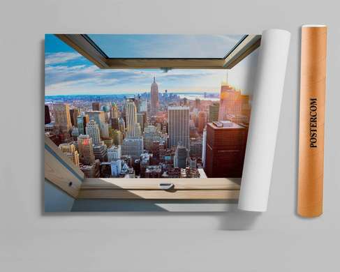 Наклейка на стену - Окно с видом на Нью-Йорк, Имитация окна, 130 х 85