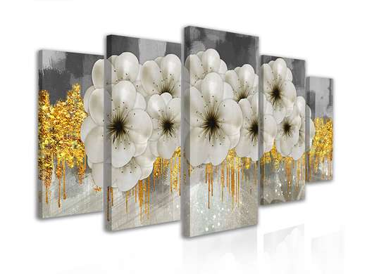 Модульная картина, Белые цветы на золотом фоне, 206 x 115