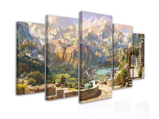 Tablou Pe Panza Multicanvas, Peisaj cu vedere la munți, 206 x 115