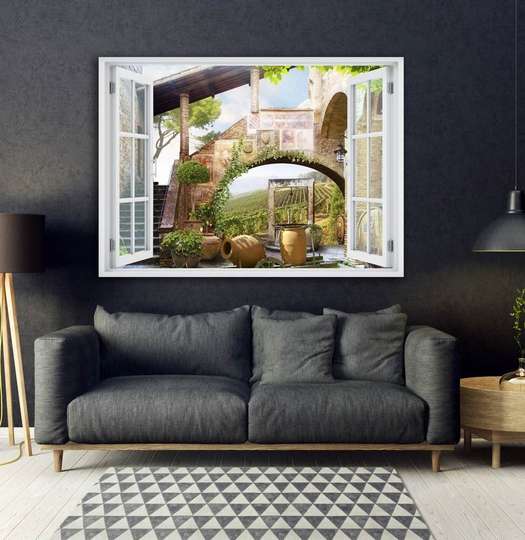 Наклейка на стену - 3D-окно с видом на сельскую жизнь, Имитация окна, 130 х 85