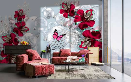 Wall Mural - Red flowers with a butterfly and gray balloons