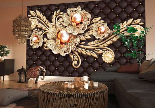 3D Wallpaper - Golden brooch on a brown leather background