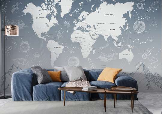 Wall mural - World map with mountains and stars in pale blue color