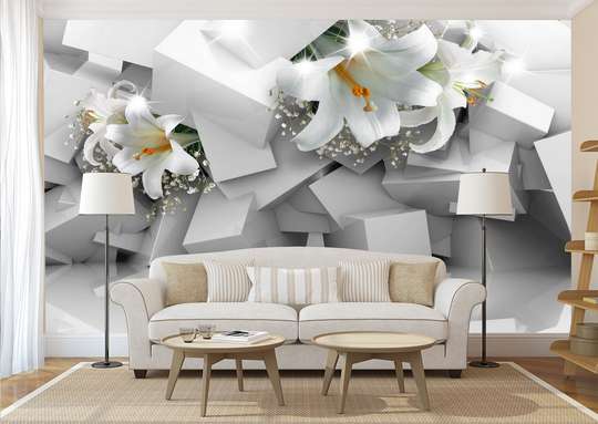3Д Фотообои - Белые лилии на фоне серого 3Д помещения