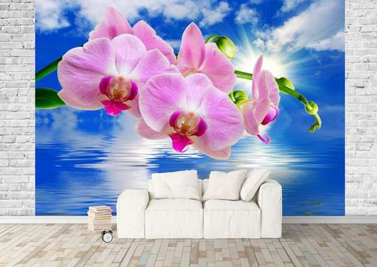 Fototapet - Orhidee roz și un peisaj marin