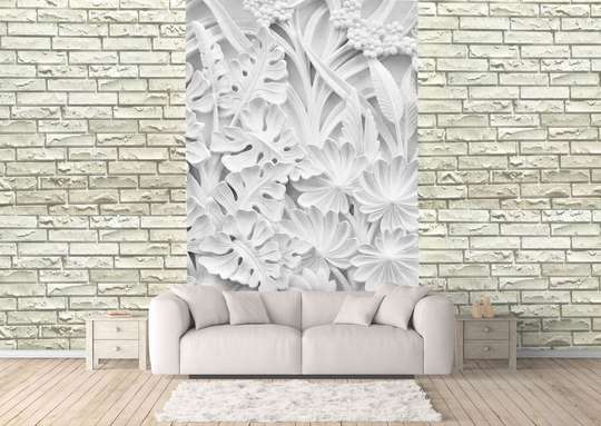 Wall Mural - Sculpture with leaves and white flowers