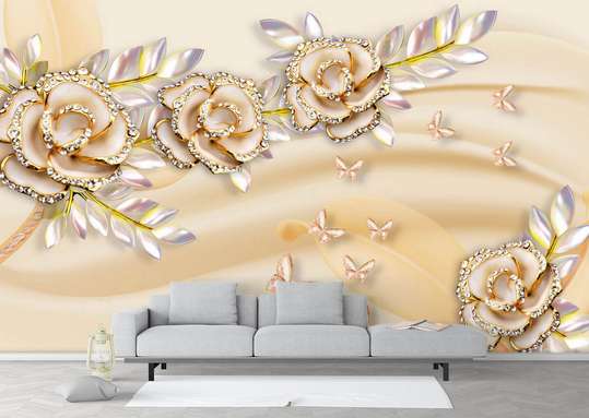 3D Wallpaper - Delicate beige flowers.