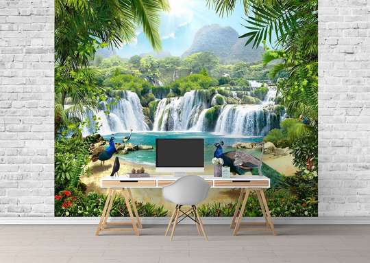 Wall Mural - Paradise island with a blue peacock.