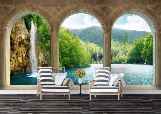 Wall Mural - Beautiful arched balcony overlooking the waterfall.