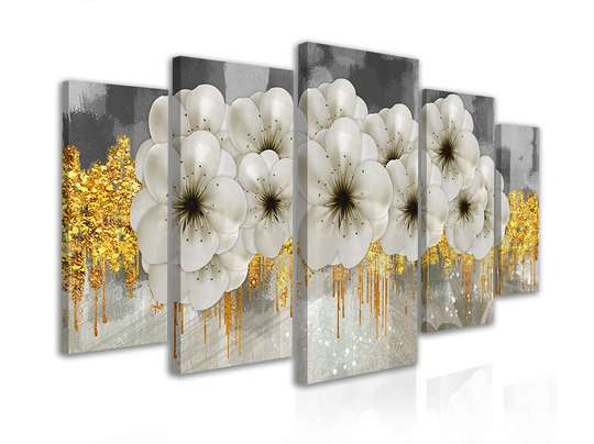 Tablou modular, Flori albe pe fond auriu