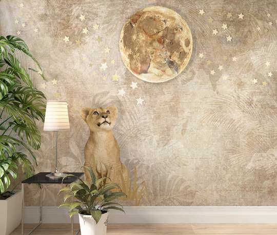 Wall Mural - Lion cub and moon with stars