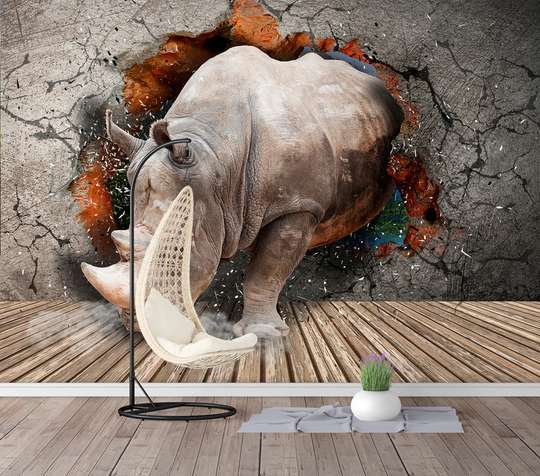 Фотообои -Носорог ломает стену