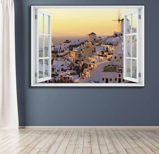 Wall Sticker - 3D city view window with windmills, Window imitation