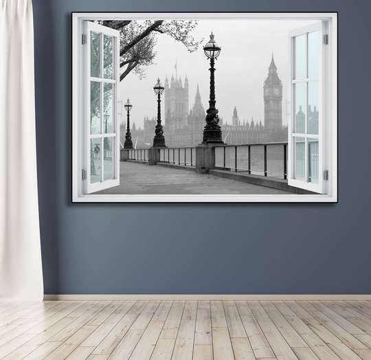 Наклейка на стену - 3D-окно с видом на Лондон в тумане, Имитация окна, 130 х 85