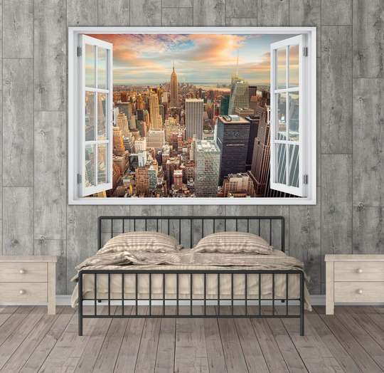 Stickere pentru pereți - Fereastra 3D cu vedere spre New York-ul de seară, Imitarea Ferestrei, 130 х 85
