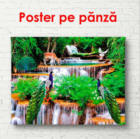 Poster - Waterfall and forest animals, 45 x 30 см, Canvas on frame