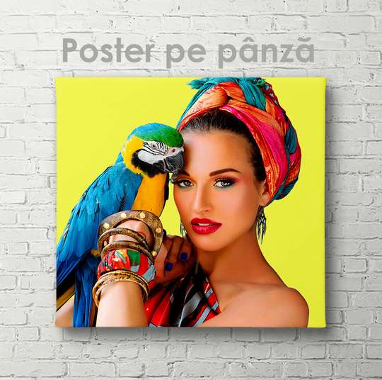 Постер, Девушка с папугаем, 40 x 40 см, Холст на подрамнике, Животные