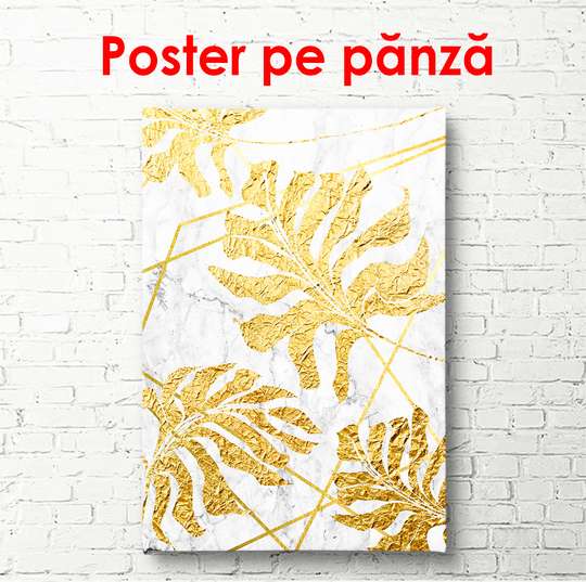 Постер - Золотые листья на мраморном фоне, 60 x 90 см, Постер в раме