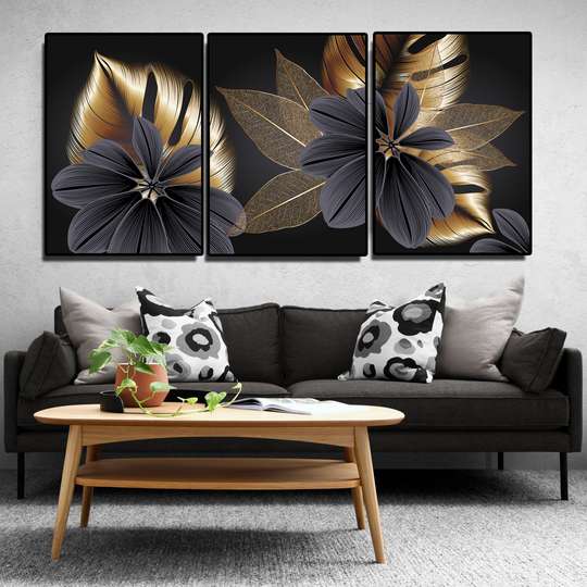 Постер - Черно- золотые растение, 60 x 90 см, Постер на Стекле в раме, Наборы