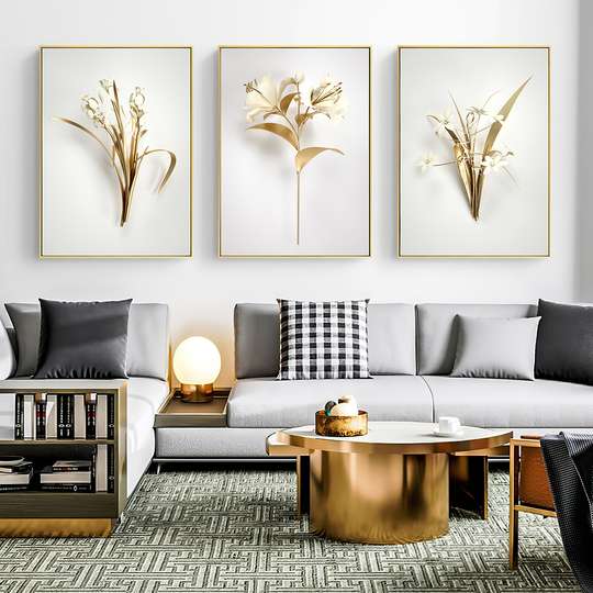 Poster - White flowers and golden leaves 1, 60 x 90 см, Framed poster on glass, Sets