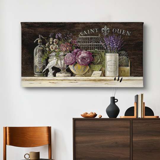 Постер - Цветочный натюрморт на полке, 90 x 45 см, Постер в раме, Прованс