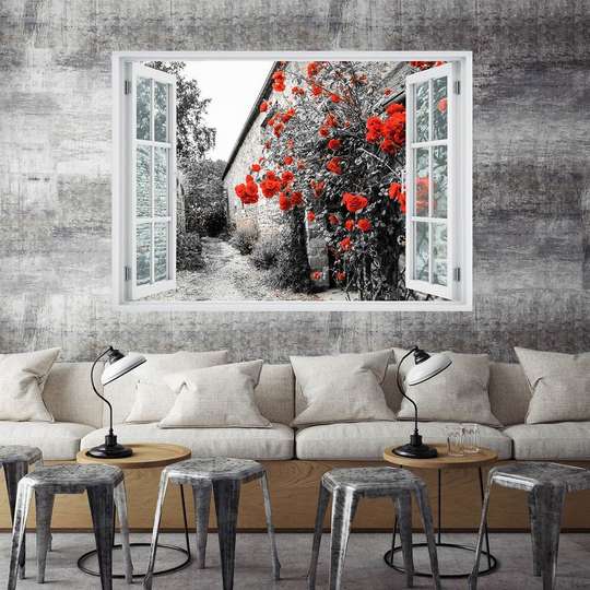 Stickere pentru pereți - Fereastra 3d cu vedere spre un oraș alb negru cu trandafiri roșii, Imitarea Ferestrei, 130 х 85