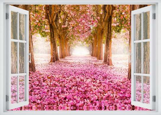 Наклейка на стену - 3D-окно с видом на аллею с розовыми цветами, Имитация окна, 130 х 85