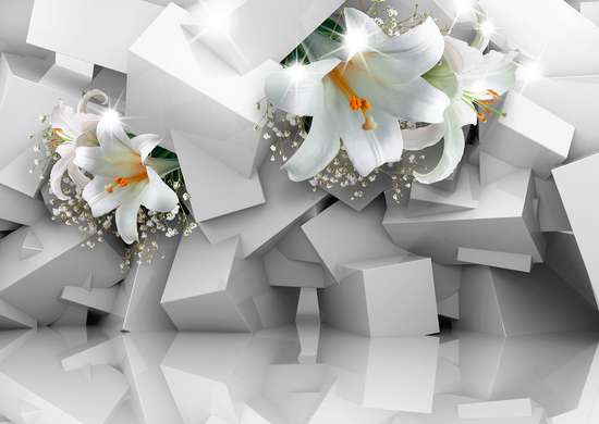 3D Wallpaper - White lilies on the background of a gray room 3D