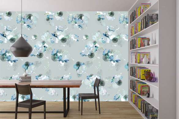 Wall Mural - Blue flowers on a gray background