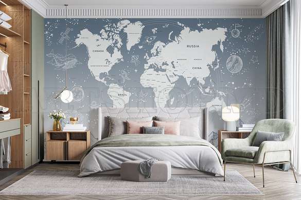 Wall mural - World map with mountains and stars in pale blue color