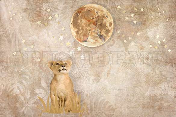 Wall Mural - Lion cub and moon with stars