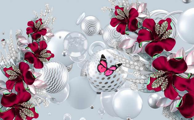 Фотообои - Красные цветы с бабочкой и серые шары