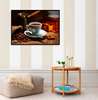 Poster - A cup of coffee on the table against the background of a coffee grinder, 90 x 60 см, Framed poster, Food and Drinks