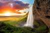 Poster - Waterfall on the background of mountains and sunset, 90 x 60 см, Framed poster