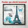 Постер - Эйфелева башня с голубыми бабочками, 100 x 100 см, Постер в раме, Прованс