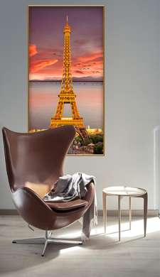 Постер - Эйфевая Башня на фоне заката, 45 x 90 см, Постер на Стекле в раме