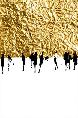 Постер - Черные силуэты людей на золотом фоне, 60 x 90 см, Постер на Стекле в раме, Абстракция