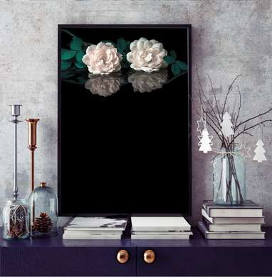 Постер - Белые розы на черном фоне, 30 x 60 см, Холст на подрамнике, Ботаника