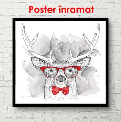 Poster - Deer with red glasses on a white background, 100 x 100 см, Framed poster, Minimalism