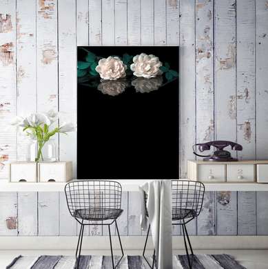 Постер - Белые розы на черном фоне, 30 x 60 см, Холст на подрамнике, Ботаника