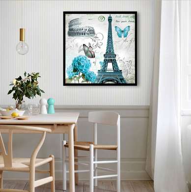 Poster - Turnul Eiffel cu fluturi albaștri, 100 x 100 см, Poster înrămat, Provence