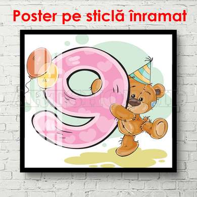 Постер - Мишка с цифрой 9, 100 x 100 см, Постер в раме, Для Детей
