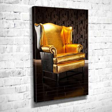 Poster - Fotoliu auriu pe fundal negru, 60 x 90 см, Poster inramat pe sticla