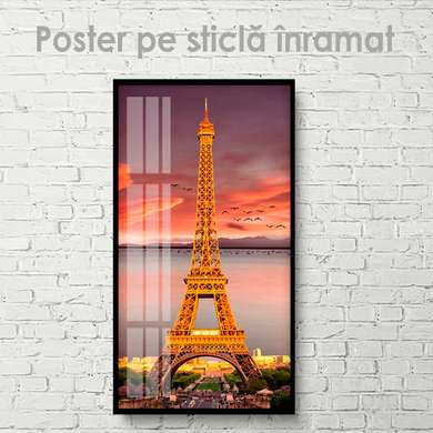 Poster - Turnul Eiffet la apus, 45 x 90 см, Poster inramat pe sticla