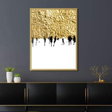 Постер - Черные силуэты людей на золотом фоне, 30 x 45 см, Холст на подрамнике