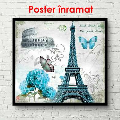 Poster - Turnul Eiffel cu fluturi albaștri, 100 x 100 см, Poster înrămat, Provence