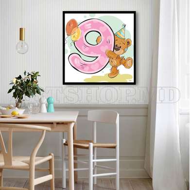 Постер - Мишка с цифрой 9, 100 x 100 см, Постер в раме, Для Детей