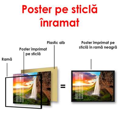 Poster - Waterfall on the background of mountains and sunset, 90 x 60 см, Framed poster
