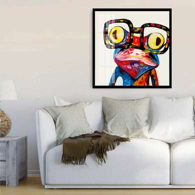 Постер - Разноцветная лягушка в очках, 100 x 100 см, Постер в раме, Разные